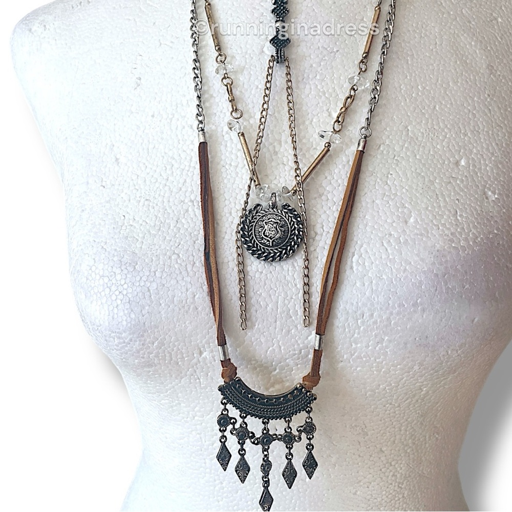 NWT Free People Can't Stand The Rain Layered Necklace Gold Silver & Brown Suede - Picture 4 of 13